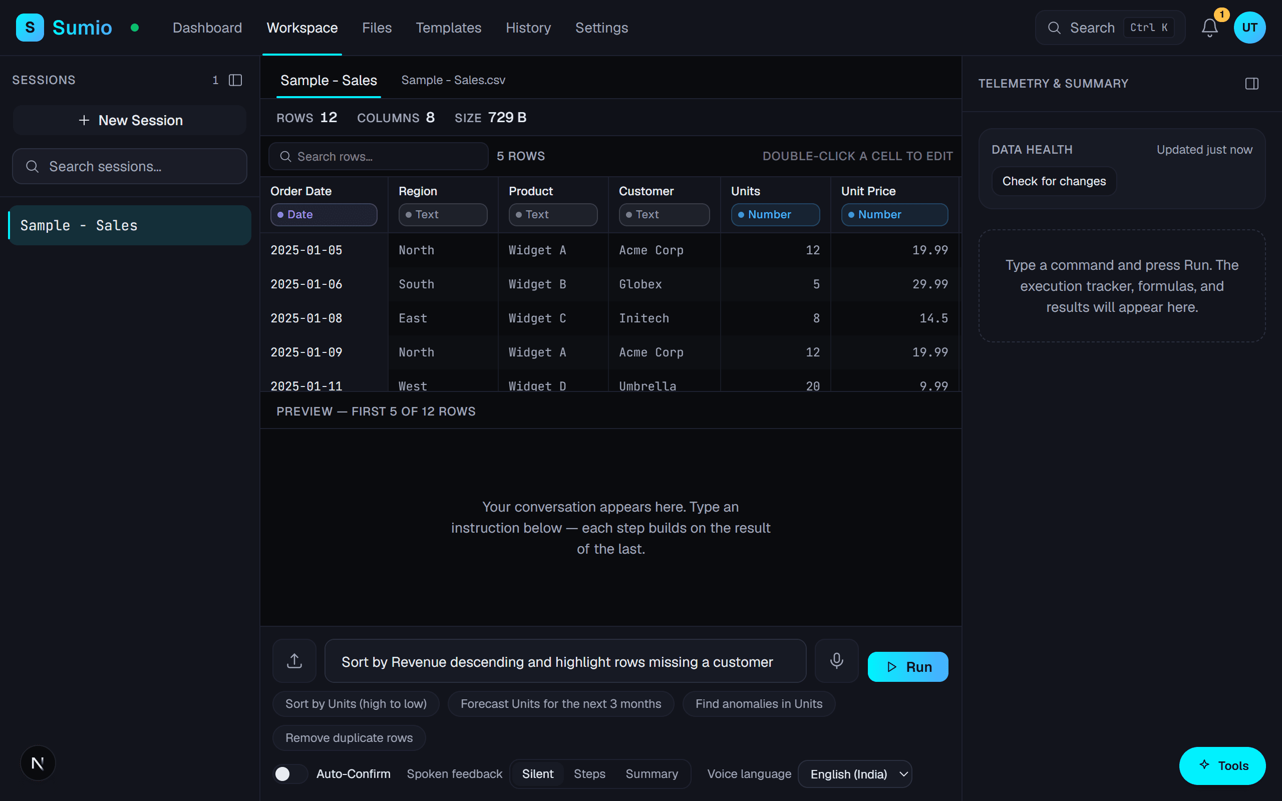 The Sumio Workspace: a sales table with detected column types, a plain-language instruction typed in the command box, and one-click prompt suggestions.
